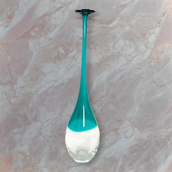 Vintage Murano Style Art Glass Vase Teal Over Clear 16" Long Neck Sommerso Blue - Picture 2 of 8